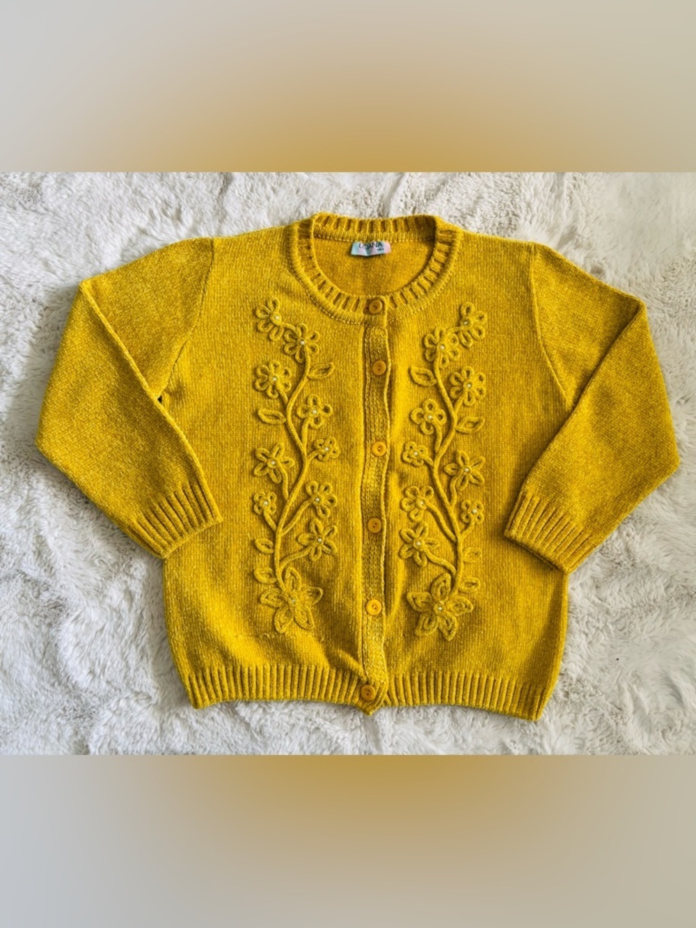 LOANA Girl Yellow Chenille Floral Cardigan w/ Pearl Accents Size: Large
